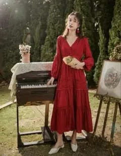 美品velnica ドットジャガードロングワンピース レッドタッセル赤