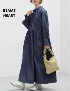 ビームス ハート デニムギャザー切替シャツワンピース バンドカラー ゆったり