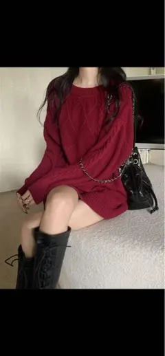 クルーネックケーブル編みニットミニワンピース