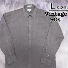 90s　Vintage　USA古着　長袖シャツ　L　グレー　パープル　薄紫　無地