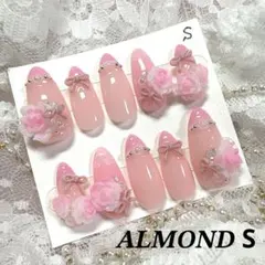 【15】ネイルチップ♡シアーピンク ローズ フレンチガーリー アーモンド☆現品☆のサムネイル