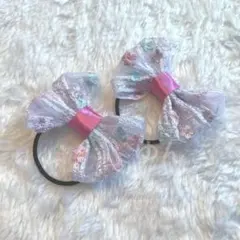 リボンヘアゴム お花刺繍レース