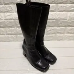 黒 レザー ロングブーツ スクエアトゥ