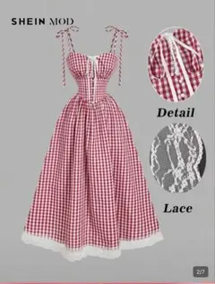 SHEIN MOD ギンガムチェック 赤 ロングワンピース ドレス
