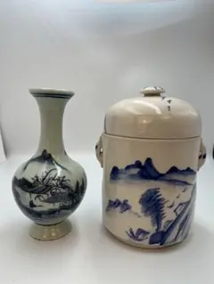 中国美術　青花山水図瓶　陶磁器 茶道具 茶入れ