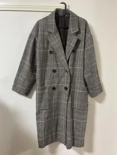 グレー系チェック柄ダブルブレストロングコート