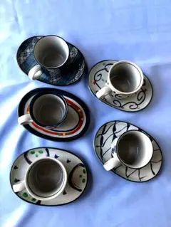 コーヒーカップとお皿のセット　5客 高級陶器　染錦絵変りコーヒー　 ☆ 未使用品