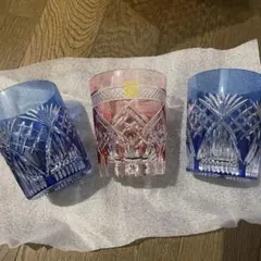 KAGAMI CRYSTAL 切子グラス 青 ピンク3個セット