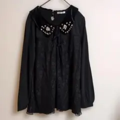 アクシーズ　ブラウス　レース　ベロア　ストーン　リボン