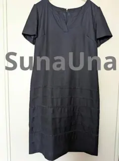 美品SunaUna スーナウーナ 半袖ひざ丈ワンピース　紺　春夏　フォーマル