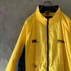 90s ナイロンジャケット　フルジップ　太アーム　刺繍　バイカラー　黄色　LO3