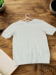 サマーニット　ユニクロ ケーブル　半袖　ニット クルーネック ホワイト M