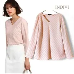 INDIVI／防シワ・ノンアイロンOK◎Vネックストライプブラウス ピンク 長袖