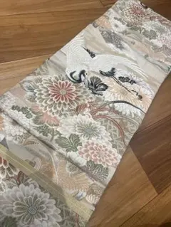アンティーク　名古屋帯　鶴　菊　金糸　正絹　リメイクにもオススメ　中古のサムネイル