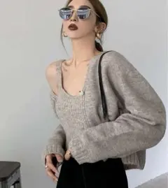 無地柄 ドロップショルダー クロップカーディガン キャミ無し ニットトップス