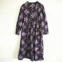 ヴィンテージ クラッシック紫花柄 長袖ひざ丈ワンピース くるみボタン ネル生地