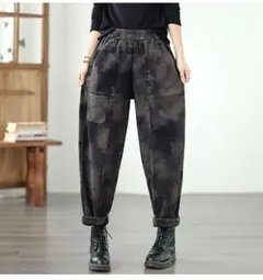 おしゃれ度高め デニム テーパードパンツ 個性派 プリント 暖かい 大人気