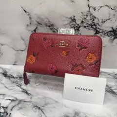 (未使用品)、大人気、コーチ、長財布、ラウンドジップ、オールレザー、シボ革、花柄