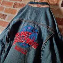 古着！プラネットハリウッド デニムジャケット デカロゴ刺繍 XXL