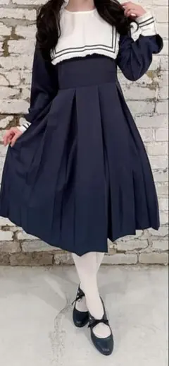 しまむら×皆方由衣さん☆セーラー襟 長袖ワンピース ネイビー☆ハニーズつけ襟付き