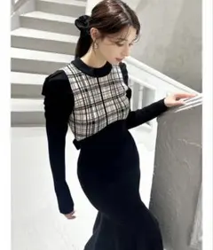 【リゼクシー】チェックジャガードマーメイドニットワンピース ニットワンピ