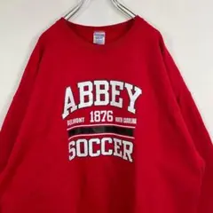 ABBEY サッカー　プリント　スウェット　古着　レッド　2XL 23sw1