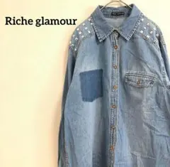 リシェグラマー 長袖 デニムシャツ ブルー 綿100% 装飾 オシャレ【M】