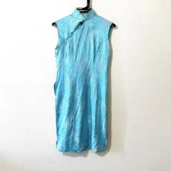美品【 vintage 】 レトロ　チャイナドレス　ブルー　ノースリーブ