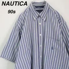 【90s】ノーティカ BDシャツ ストライプシャツ 刺繍ロゴ L 青 ビンテージ
