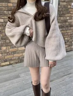 GRLビッグカラージップカーディガンXショートパンツニット セットアップ