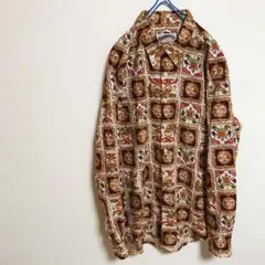 【美品】長袖シャツ　総柄　幾何学模様　ヨーロピアン風　ゆるコーデ　古着