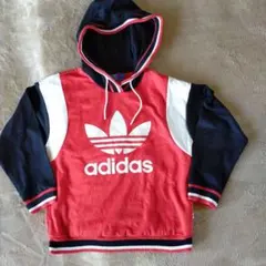 adidas　 パーカー Ｌサイズ　 赤×黒 ビッグロゴ 三本ライン 古着