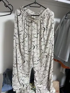 ベージュ/ブラック抽象デザインワイドパンツ Mサイズ
