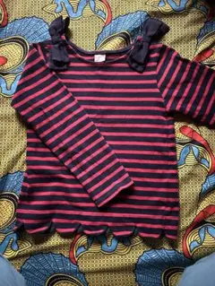 petit main 女子130cmネイビーと赤のストライプ長袖カットソー