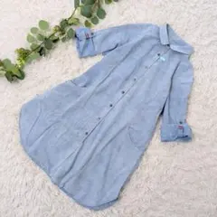 美品❗️ デニムシャツワンピース M ライトブルー 薄手 長袖 ロールアップ