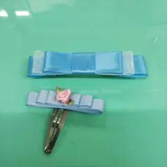 ハンドメイド・リボン ヘアクリップ 2点セット ブルー系