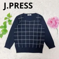 【J.PRESS】チェック柄ニットセーター(L)ネイビー/プルオーバー