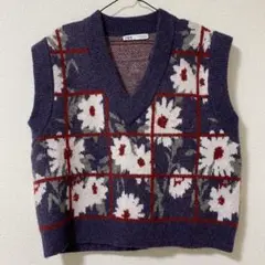 ZARA 花柄 Vネック ニットベスト