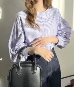 ストライプバルーンスリーブバンドカラーシャツブラウス