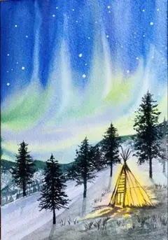緑のオーロラとティーピーの水彩画