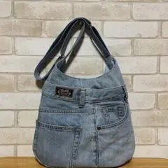 デニムブルー ポケット付きショルダーバッグ (長さ調節可能) リメイク
