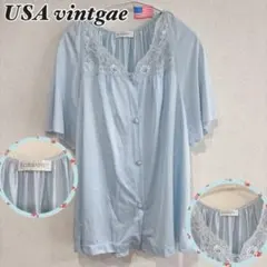 vintage 1990年代　レース　装飾　サテン　半袖ブラウス 水色　高円寺のサムネイル