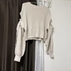 リボン付きオフショルダーリブニット　GRL