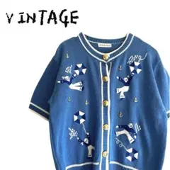 vintage ニット カーディガン 半袖ニット 刺繍 レトロ 古着 青 水色