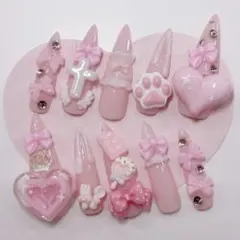 ネイルチップ 現品 量産型 ピンク ロング 平成女児 地雷 ゴテゴテ