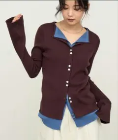 美品【NOGLE/ノグル】レイヤードリブカーディガン　ブラウン