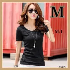 レディース ブラック M ラウンドネック 半袖 Tシャツ カジュアル トップス
