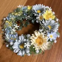 フラワーリース　優しいブルーとイエロー　アーティフィシャルフラワー　玄関リース