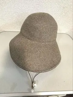 麦わら バケットハット リボン ベージュ ストラップ付きフリーサイズ