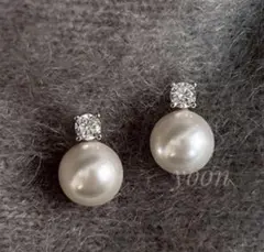 一粒パール×ダイヤイヤリング　シルバー　クリップ　結婚式 真珠　キラキラ
